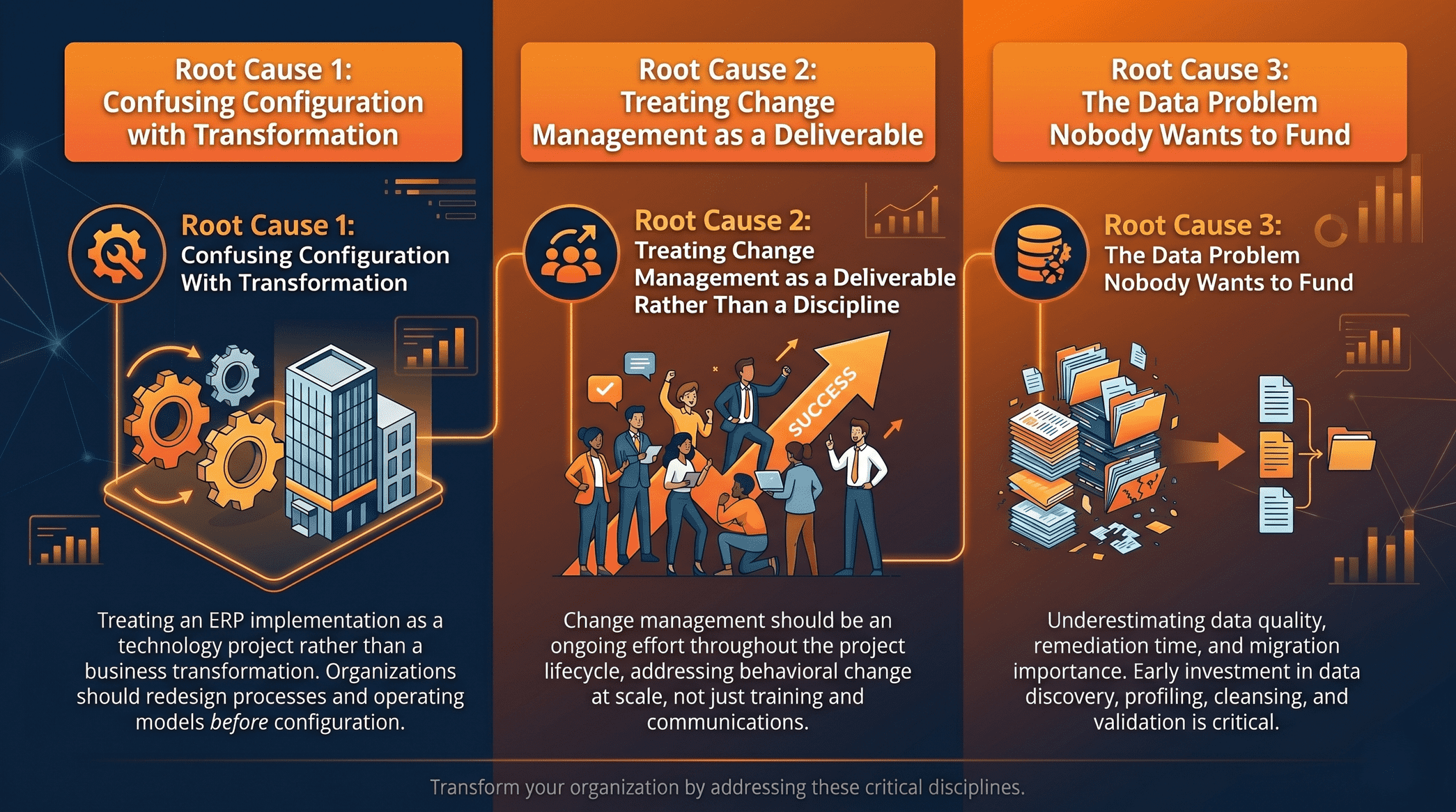 A horizontal, dark-blue and orange infographic in three columns detailing why ERP (Enterprise Resource Planning) implementations fail. The top title bar spans the image and reads, "WHY 43% OF ERP IMPLEMENTATIONS STILL FAIL — THE THREE ROOT CAUSES NO ONE TALKS ABOUT." Below this, three distinct, illuminated columns outline each cause.  Column 1, "Root Cause 1: Confusing Configuration with Transformation," shows an icon of a person with a gear and a larger isometric scene of gears and modern city buildings.  Column 2, "Root Cause 2: Treating Change Management as a Deliverable Rather Than a Discipline," features an icon of a team and an upward arrow, with a scene of a business team pointing towards a large "SUCCESS" arrow.  Column 3, "Root Cause 3: The Data Problem Nobody Wants to Fund," depicts a massive pile of physical and digital file folders and documents, with a final flow to a single clean digital folder, and an icon of a file cabinet.  Detailed descriptive text for each cause is included below the illustrations. The entire image is framed by glowing light lines and has a bottom footer that says: "Transform your organization by addressing these critical disciplines."